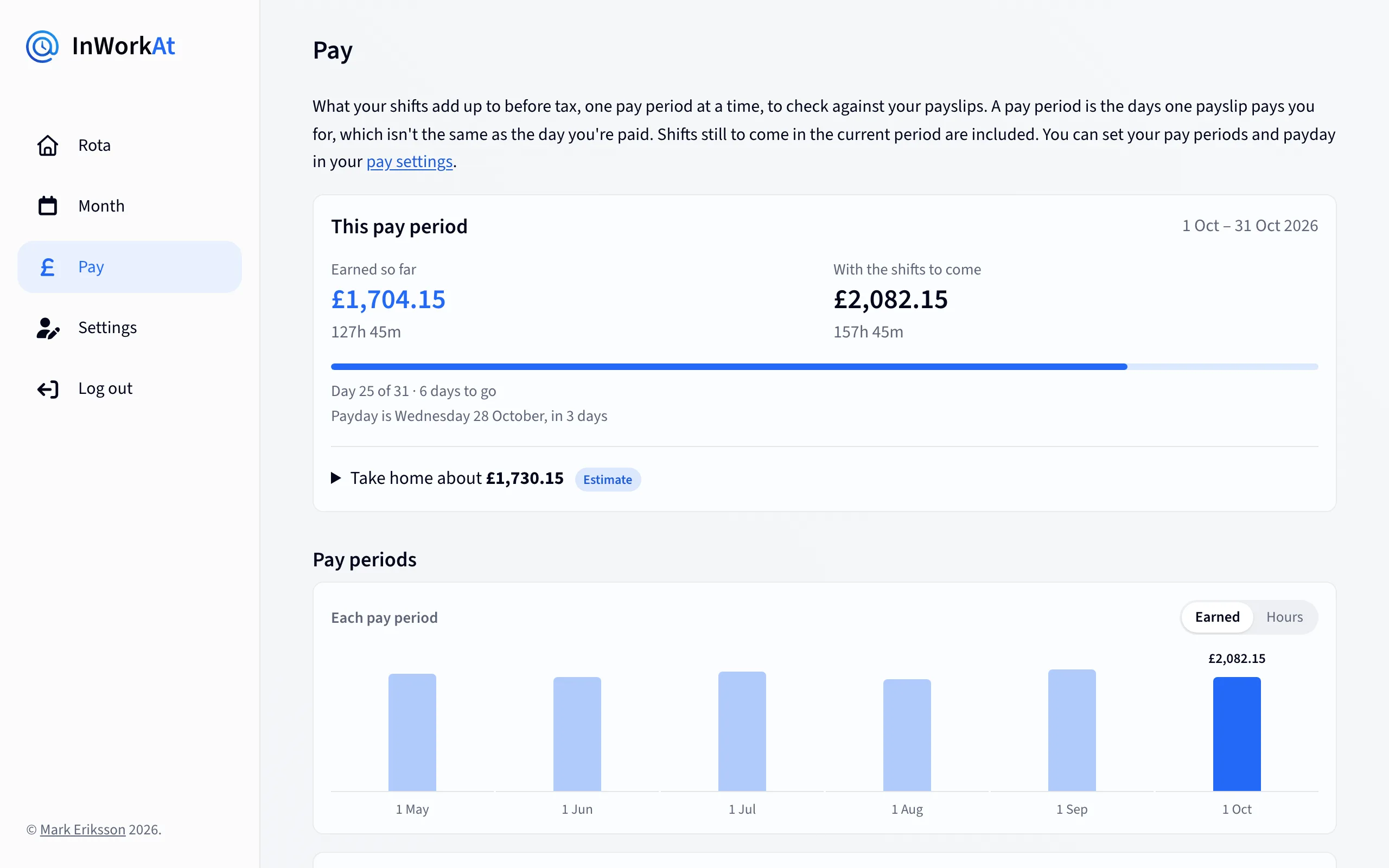 The pay page, with what's been earned this pay period, the estimated take-home pay and a chart of each pay period